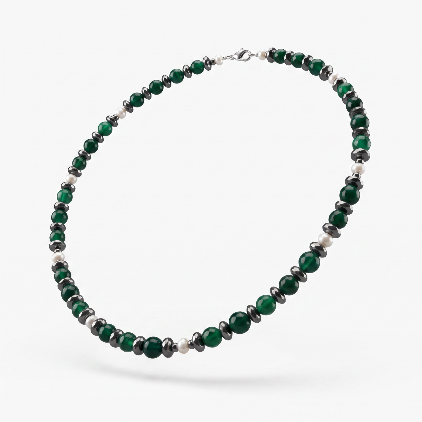 Green Agate, Hematite & Pearl Necklace