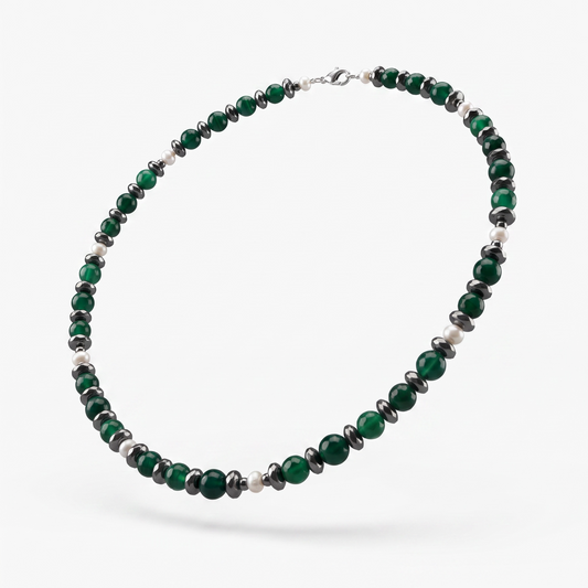 Green Agate, Hematite & Pearl Necklace