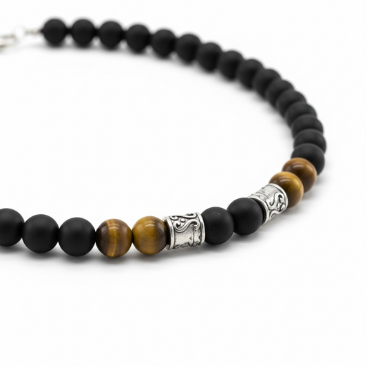 Matte Black Onyx & Tiger Eye Beaded Necklace