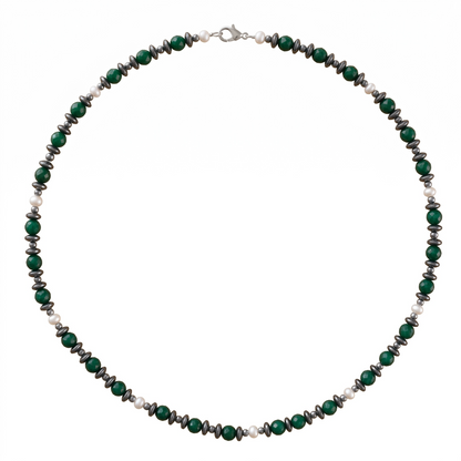 Green Agate, Hematite & Pearl Necklace