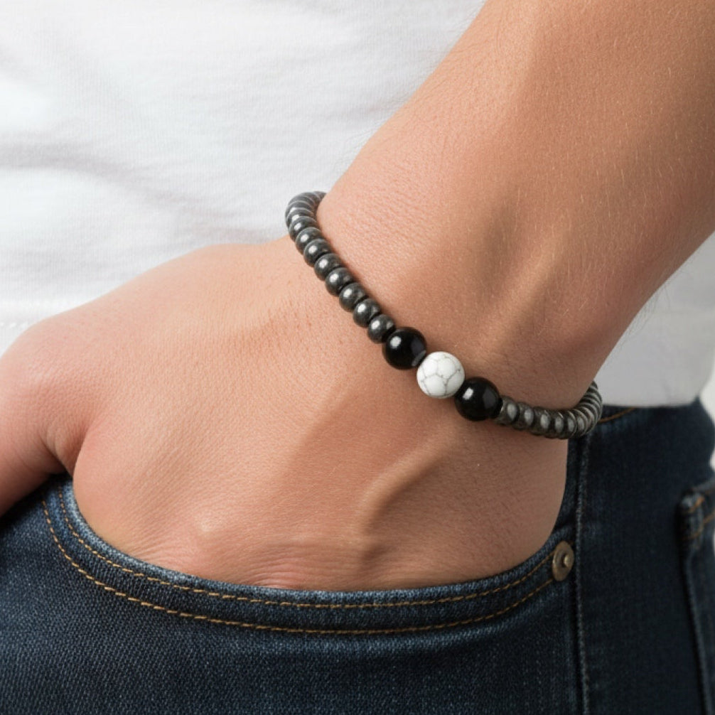 Hematite, Onyx & Howlite Beaded Bracelet