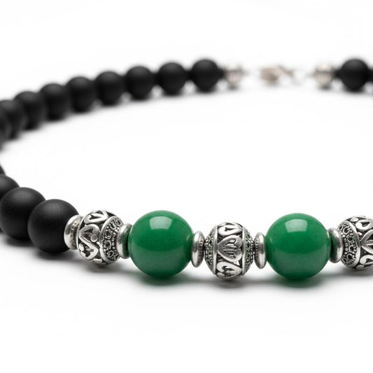 Matte Black Onyx & Green Jade Beaded Necklace